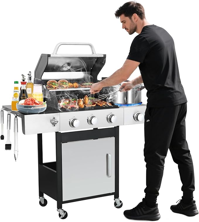 3-Burner BBQ Propane Gas Grill with Side Burner, 37230BTU Stainless Steel Barbecue Grill with Enameled Cast Iron Cooking Grids, For Camping Outdoor Cooking (Style4: 3+1 Burner)