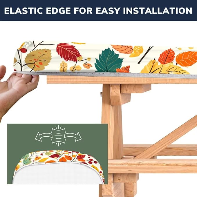 CAPSCEOLL Fitted Picnic Table Cover with Bench Covers with Elastic 8Ft Waterproof Camping Picnic Table Cover Cloths for Outdoors Camping Tablecloth with Drawstring Bag, 96X30in, Fall Leaves