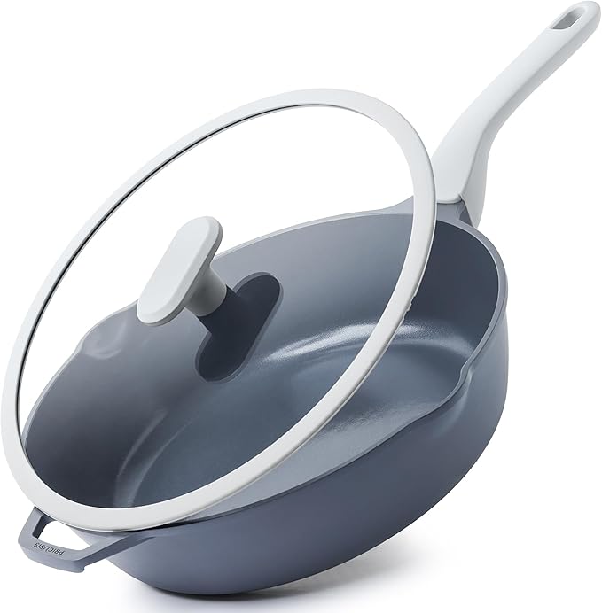Ceramic Nonstick Deep Saute Pan with Lid, 12 Inch/4.8 QT Non Toxic Pans with Double Pour Spout, Helper Handle and Lid, Metal Utennsil Safe, Dishwasher Safe, (Gray)