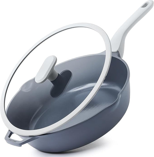 Ceramic Nonstick Deep Saute Pan with Lid, 12 Inch/4.8 QT Non Toxic Pans with Double Pour Spout, Helper Handle and Lid, Metal Utennsil Safe, Dishwasher Safe, (Gray)