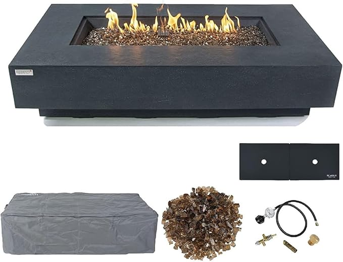 Elementi+ | Positano Gas Fire Pit Cast Concrete 60" Rectangular Fire Table, Outdoor Fire Pit Electronic Ignition | Canvas Cover, Fire Glass and Burner Lid Included | Dark Gray | Propane Gas