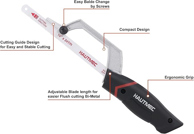 HAUTMEC Mini Hacksaw, 10" Compact Hacksaw with Cutting Guide Design, Tool-Free Blade Change, Compatible with 10"/12" Blades, Lightweight Hack Saw for Metal, PVC & Wood Cutting – HT0427