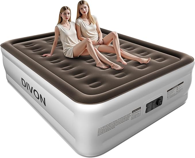 DIVON Full Air Mattress with Built in Pump Raised, 2 Min Self Inflatable Mattress, 18’’ Blow up Mattress for Adults, 660 LBS Portable Air Bed for Guest, Camping, Travel & Floor, Brown