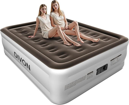 DIVON Full Air Mattress with Built in Pump Raised, 2 Min Self Inflatable Mattress, 18’’ Blow up Mattress for Adults, 660 LBS Portable Air Bed for Guest, Camping, Travel & Floor, Brown