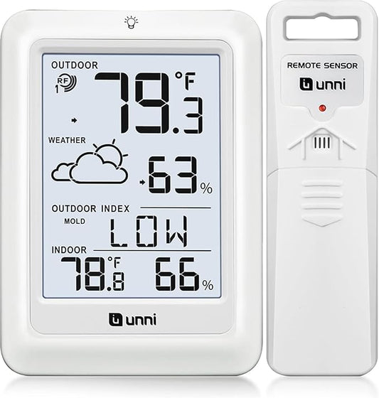 Indoor Outdoor Thermometer Wireless Weather Station, Temperature Humidity Monitor Battery Powered Inside Outside Thermometers with 330ft Range Remote Sensor and Backlight Display（WH01）
