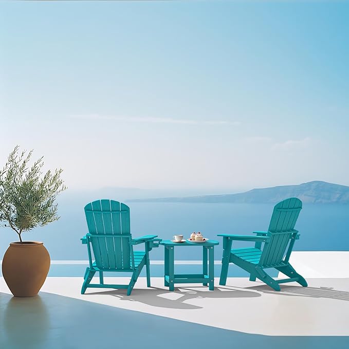 Folding Adirondack Chair, SGS Tested, Wooden Textured with Cup Holder, Heavy All-Weather HDPE Comfortable Set Poolside Backyard Lawn Aruba Blue