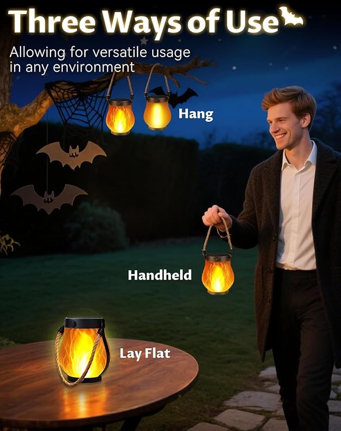 Solar Lantern Outdoor lamp - Waterproof Type Solar Flame lamp Can be Hung and Features Dancing Flames. Hemp Rope Suspended Flame Lantern, Dual Charging Mode, Smoke-Free (4PC)