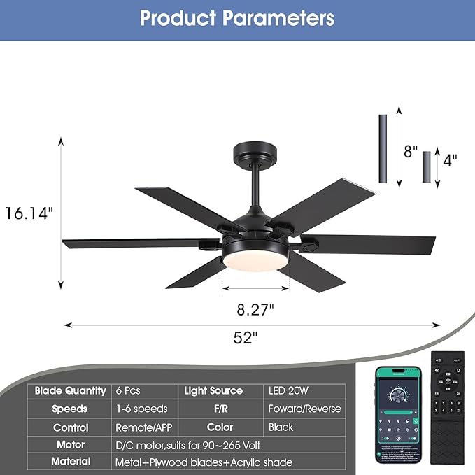 52" Black Ceiling Fans with Lights and Remote, Indoor Ceiling Fans with Quiet DC Motor, Dimmable 6 Speeds Reversible,Modern LED Ceiling Fan for Bedroom Kitchen