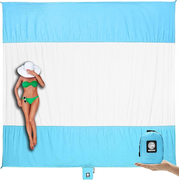 WEKAPO Beach Blanket Sandproof Waterproof, Extra Large Beach Mat, Oversized & Compact Sand Free Mat Quick Drying, Lightweight & Durable with 6 Stakes & 4 Corner Pockets