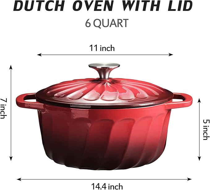 Enameled Cast Iron Dutch Oven with Lid, 6 QT Dutch Oven Pot for Bread Baking, Heavy Duty Cast Iron Pot for Braising, Cook, Bake, Oven Safe across All Cooktops (Red,6 QT)