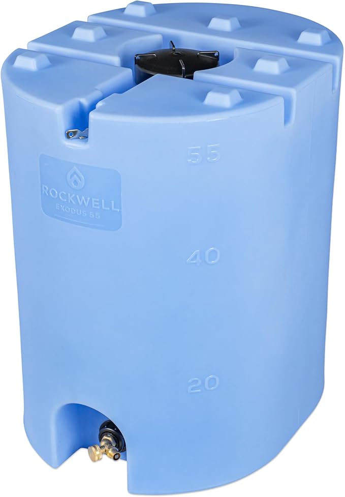 Exodus 55 Gallon Water Storage Tank by Rockwell Products | Compact Water Storage Container for Emergencies | BPA Free, Made in The USA, Blue