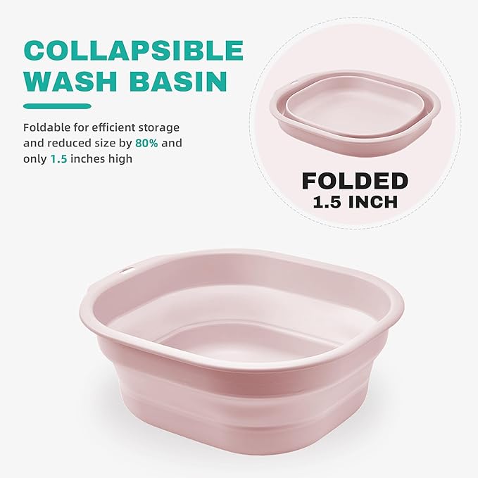 2 Pack Collapsible Wash Basin Set, Foldable Dish Tub, Small Medium Portable Sink for Kitchen, Camping, RV, Baby Bottles, Laundry, Plastic Washbasin -Pink