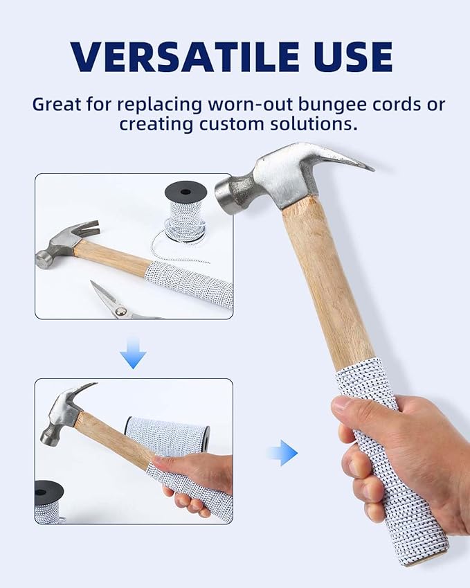 Bungee Cord 1/8 Inch x 200 Feet - White with Black Trace - Elastic Shock Cord, Stretch Rope for Kayak, Crafts, Tie-Downs, DIY Projects - Flexible, High-Strength Bungee Rope