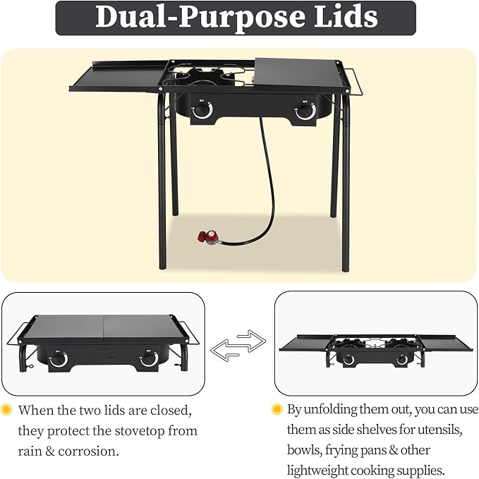 Bonnlo 2 Burners Propane Gas Stove, 150,000 BTU Portable Outdoor Camp Cooker Stove with Regulator, Side Shelves, Foldable Windpanel, Adjustable Height & Carrying Bag for Backyard, Camping, Tailgating