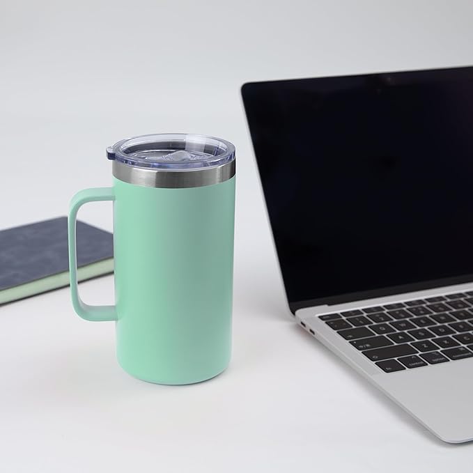 DOMICARE 24oz Mug with Handle and Lid, Stainless Steel Coffee Mug, Travel Mug with Handle, Double Wall Vacuum Coffee Tumbler, Reusable Insulated Cup, Mint Green, Pack 8
