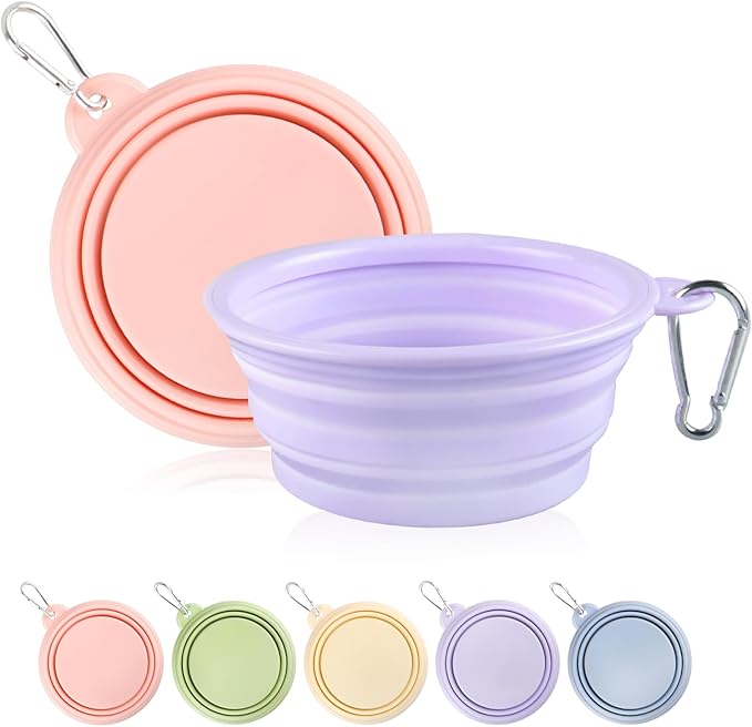 Collapsible Dog Bowls 2-Pack, Portable Travel Dog Bowl with Carabiner, Food-Grade Silicone Pet Bowl for Hiking, Walking (Macaron Pink and Violet)
