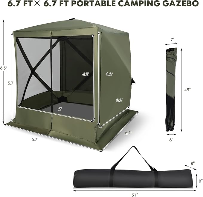 Tangkula 6.7x6.7 Ft Pop Up Gazebo with Netting, Portable Screen Tent with 4 Sided Mesh Walls, 2 Sunshade Cloths, UV 50+ Instant Canopy Shelter with Carry Bag for Camping, Lawn, Backyard
