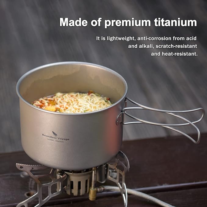 Boundless Voyage Outdoor Titanium Pot with Pan Set with Collapsible Folding Handle for Outdoor Camping Cooking Hiking Backpacking Portable Cookware
