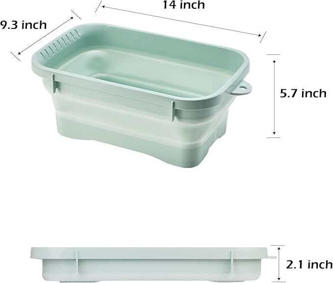 Collapsible Dish Pans, 2Gal (7.5L) Capacity, Plastic Dish Tub Dishpan for Kitchen Sink with Drainage Hole, Foldable Small Wash Basin for Kitchen, Camping, Travel (Green)