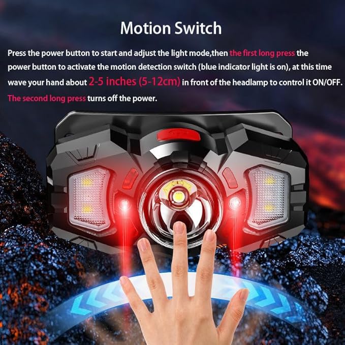 Headlamp, White&Red LED Headlamp, 70° Up&Down Adjustable, 4 Clips, Motion Switch, 800 Lumens, 500 Feet Distance and 10 Hours Running Time MAX, IPX5 Waterproof, for Camping, Hiking, Fishing