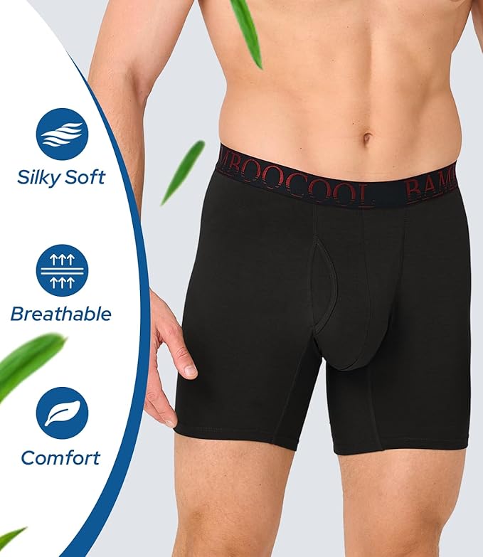 BAMBOO COOL Men's Underwear Boxer Briefs Fly with Built-in 3D Pouch Comfortable Cool Underwear for Men 4 Pack