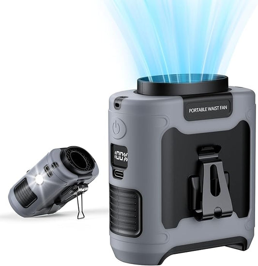 AI Portable Waist Clip Fan, Upgraded 10000mAh Rechargeable Battery Wearable Belt Personal Fan, 16000RPM Powerful 5 Speeds Shirt with Flashlight Neck Hands-Free 40H Cooling (Gray)