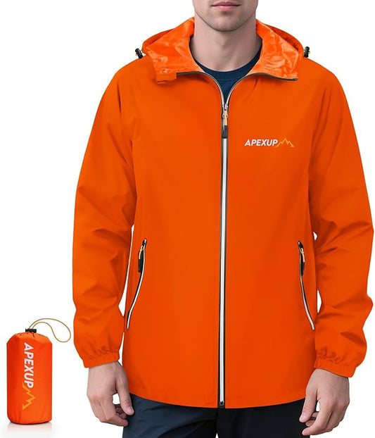 APEXUP Packable Rain Jacket Men with Reflective Zipper, Lightweight Waterproof Raincoat, Mens Rain Jacket for Outdoor Sports