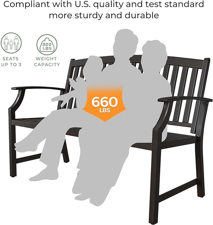 Grand patio 52" Farmhouse Outdoor Bench, Garden Benches with Rust Free Metal Powder Coated Frame and Aluminum Backrest, Faux Wood Grain Finish Frame Patio Bench for Front Porch, Northwoods Brown