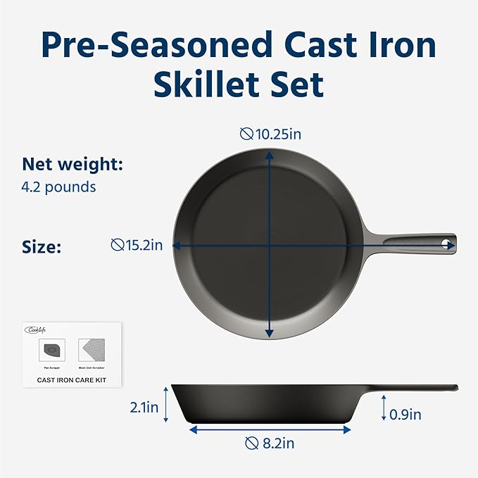COOKLIFE 10 Inch Lightweight Pre-Seasoned Cast Iron Skillets with Stainless Steel Lid and Handle Cover - Smooth Polished Surface, Easy to Clean Cast Iron Pan Use in the Oven, on the Stove or Grill