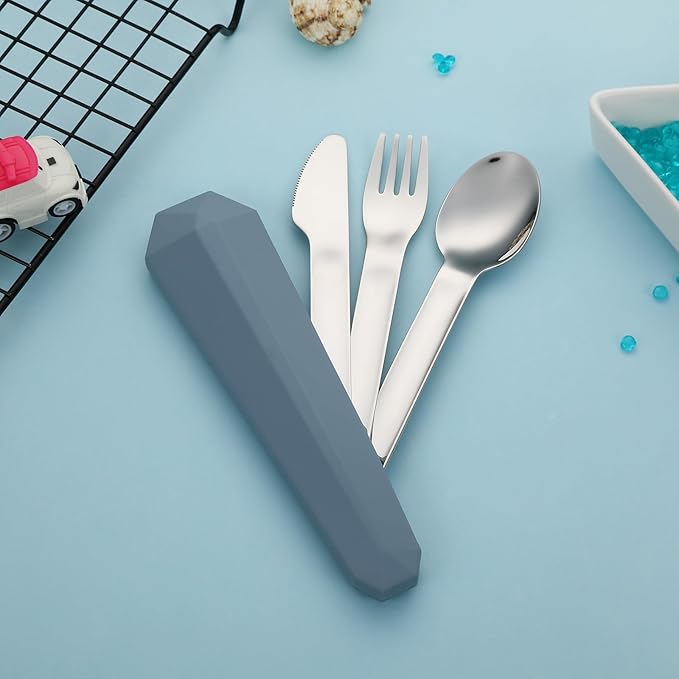 DEVICO Travel Utensils with Case, Reusable Camping Silverware Cutlery, 18/8 Stainless Steel Portable Fork Spoon Knife Set for Lunch Picnic School Workplace (Blue)