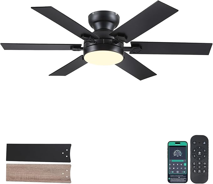 46" Low Profile Ceiling Fans with Lights and Remote,Black Indoor Ceiling Fans with Quiet Reversible DC Motor, Modern Flush Mount Fans Light for Bedroom Kitchen