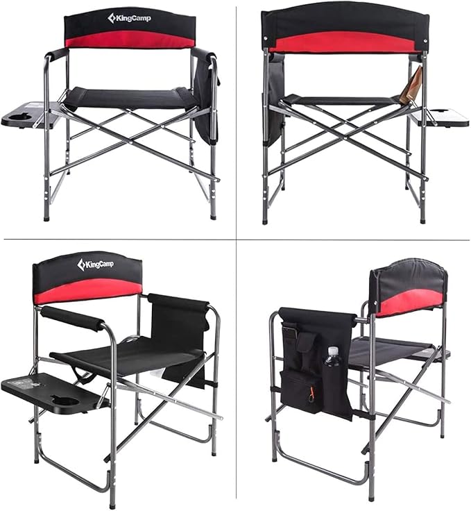 KingCamp Heavy Duty Camping Director Chair, Folding with Side Table & Storage, Red