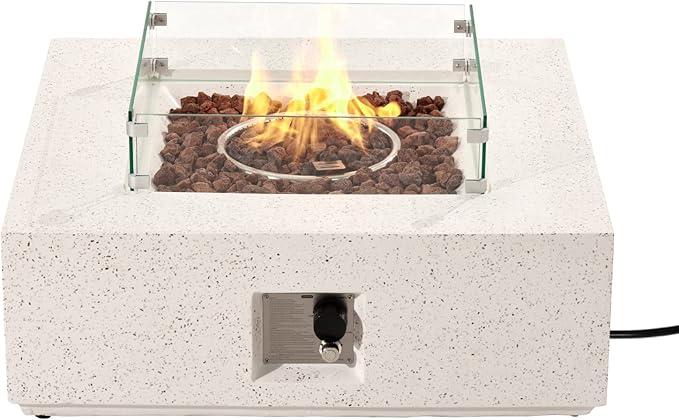 COSIEST Square Outdoor Sandstone Propane Fire Pit w Wind Guard, CSA Certified, 50,000 BTU Stainless Steel Burner, 35-inch, Free Lava Rocks and Rain Cover, Tank Outside, Metal Lid