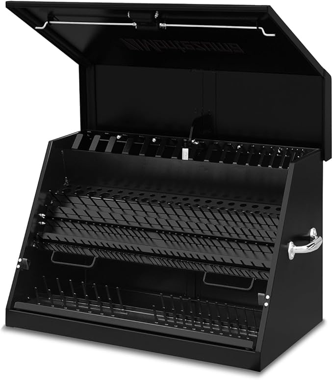 Montezuma – LA400B – 30-Inch Portable TRIANGLE Toolbox – Multi-Tier Design – 16-Gauge Construction – SAE and Metric Tool Chest – Weather-Resistant Toolbox – Lock and Latching System