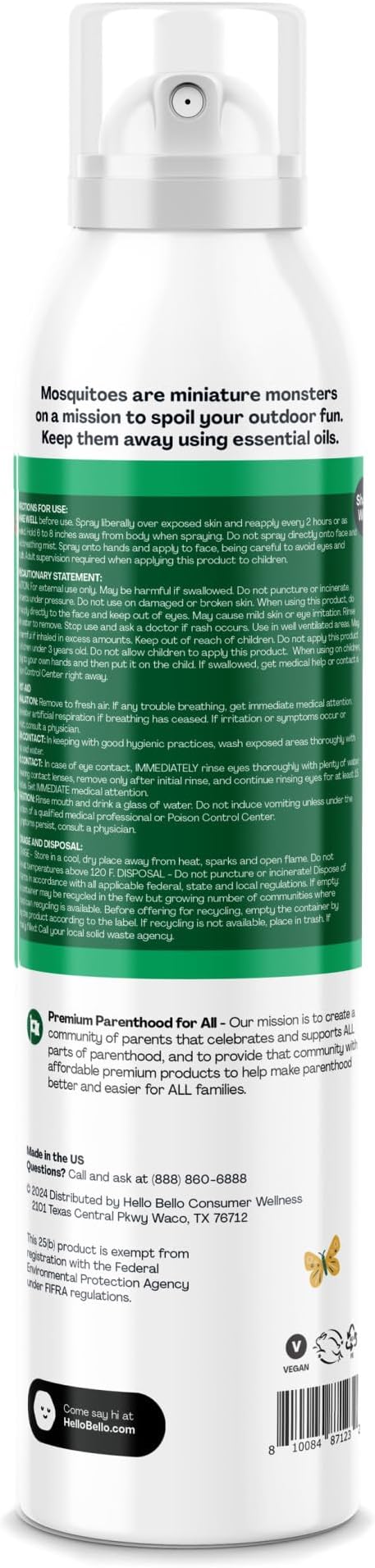 Hello Bello Mosquito Repellent Spray, with Natural Lemongrass, Cedarwood, Citronella, and Peppermint Oils, 5oz Can