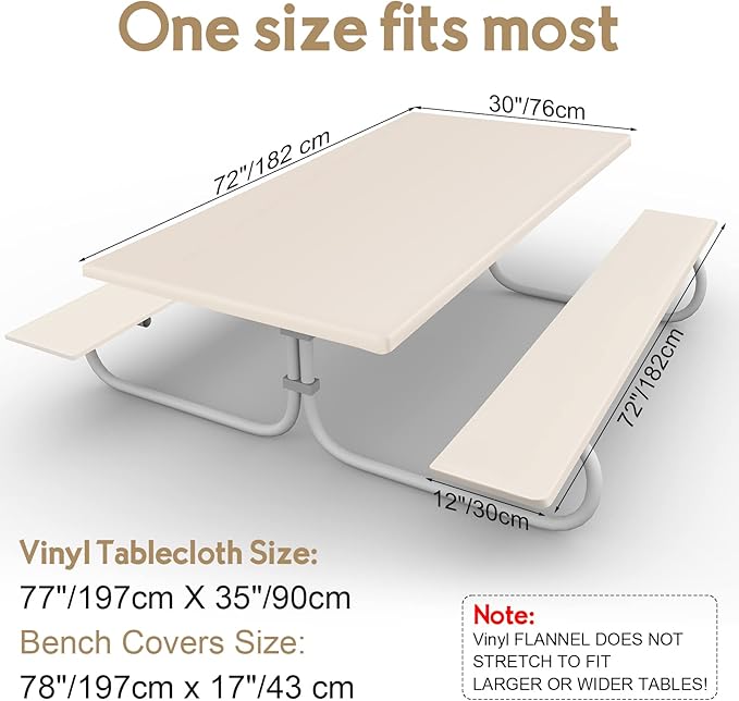 3 Pcs Picnic Table and Bench Fitted Tablecloth Cover for 6 Ft Table 30 x 72 Inch Vinyl Fitted Elastic Edges Waterproof Wipeable Tablecloth for Indoor Outdoor Travel Picnics Patio Camping (Beige)