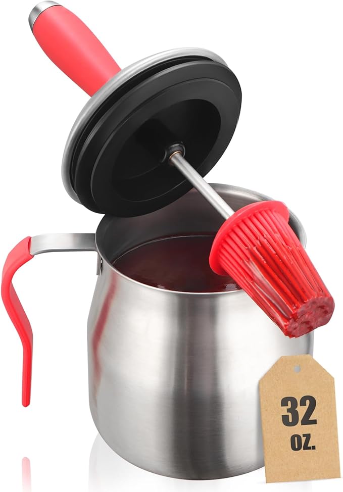 32 OUNCE BBQ Basting Pot with Brush，Grilling Gifts for Men/Women，Stainless Steel 304 Barbecue Sauce Container Brush Set，Airtight Melting Pot for Grill,Kitchen，Camping