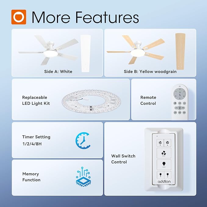 addlon Ceiling Fans with Lights, 52 inch Flush Mount Ceiling fan with Remote Control, Wall Remote, Reversible, 5CCT, Dimmable, Noiseless DC Motor, White Low Profile Ceiling Fan for Bedroom, Farmhouse
