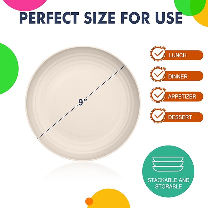 Homienly Wheat Straw Dinner Plates Set of 8, Unbreakable, Dishwasher & Microwave Safe, Modern Style, 9 inch, Beige