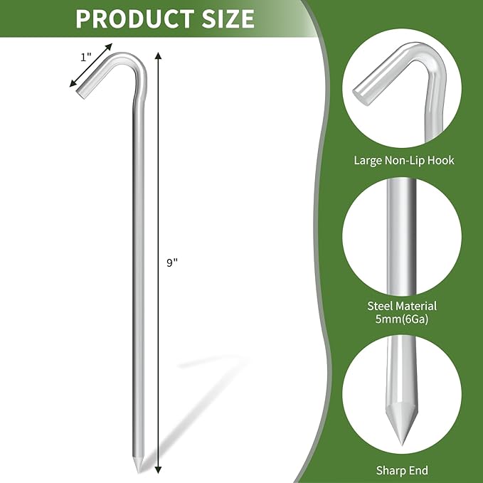 Metal Tent Stakes Heavy Duty 9 Inch, 25 Pack Camping Tarp Stakes, Ground Stakes Yard Stakes Canopy Anchors for Inflatables, Outdoor Decorations