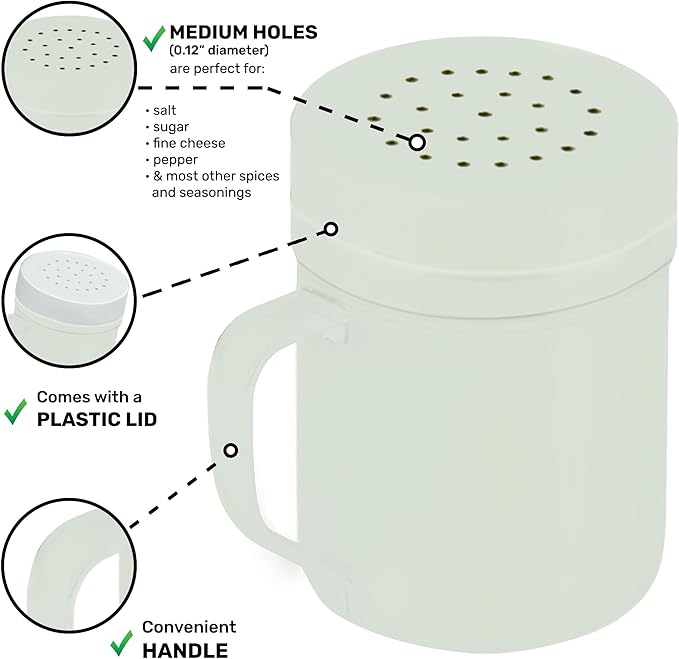 CUSINIUM 6oz Sage Stainless Steel Salt Pepper Dredge Shakers - With Plastic Cap - With Handle - Pack of 2