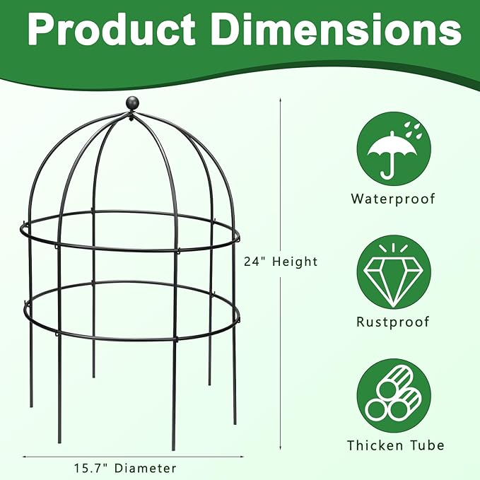 2 Pcs Jardin Bird Cage Plant Support 24" H Large Sturdy Grow-Through Flower Support Black Peony Plant Support Cage Climbing Plant Trellis Sculptural Garden Decor for Perennial Flowers Classic Black