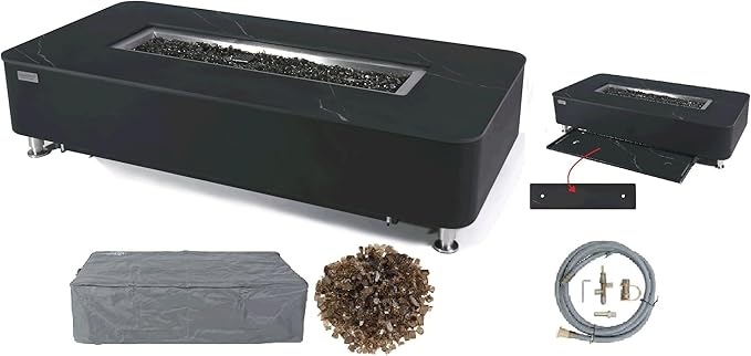 Elementi+ | Valencia Gas Fire Pit | Cast Concrete Body & Marble Porcelain Top | 62" Rectangular Fire Table | Electronic Ignition | Canvas Cover, Fire Glass & Burner Lid Included | Black | Natural Gas