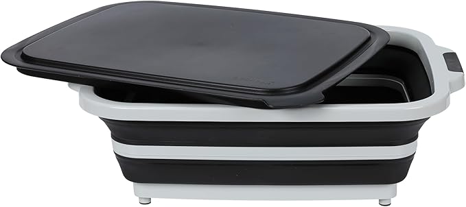 BIRDROCK HOME Collapsible XL BBQ Prep Tub w/Cutting Board, Multi-Function Grill Caddy w/Colander & Lid, Portable Silicone Dish Bowl for Picnic, Tailgate, Camping - Black