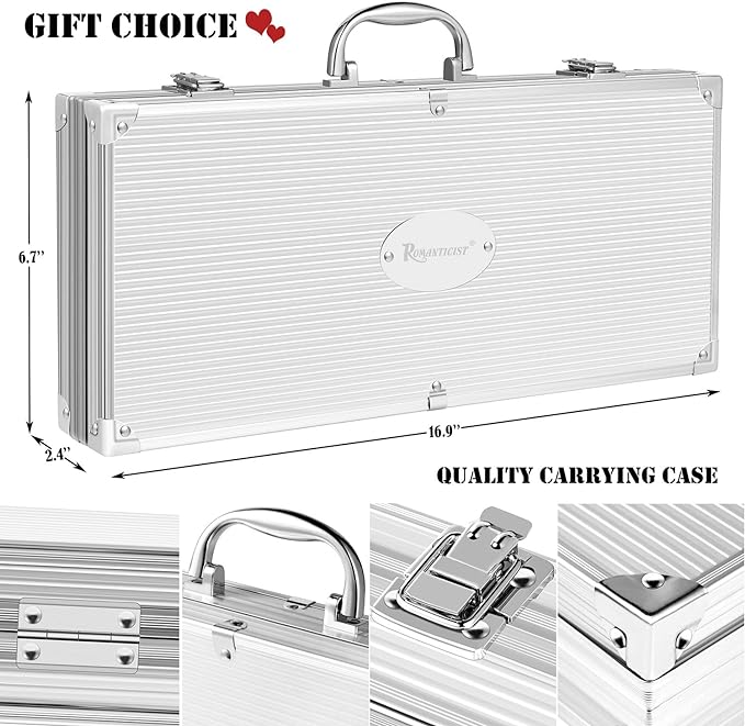 ROMANTICIST 30pcs Stainless Steel Grill Tool Set, Heavy Duty BBQ Grilling Accessories for Men Women, Non-Slip Grill Utensils Kit with Thermometer Mats in Aluminum Case for Fathers Day Silver