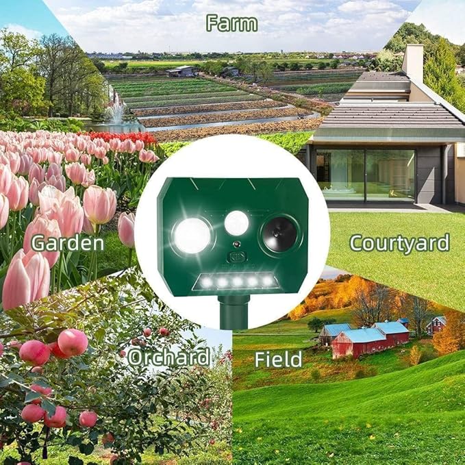 2025 Solar Ultrasonic Raccoon Squirrel Deer Repellent Rabbit Deterrent Animal Repeller Sonic Fortress Pro with Flash Light Motion Sensor to Keep Cat Dog Fox Skunk Out of Garden Yard(2Pack)