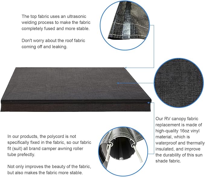 AWNLUX-RV Awning Fabric Replacement - Heavy Duty Weatherproof 4-Ply Vinyl Camper Awning Fabric - Universal Outdoor Canopy for Camper, Trailer, and Motorhome Awnings - Solid Black - 12' (Fabric 11'2")
