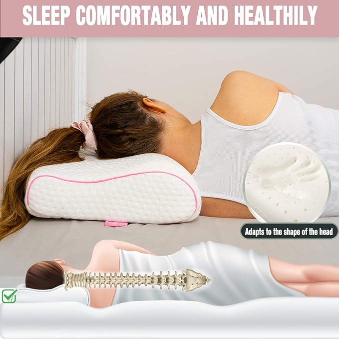 Memory Foam Pillow for Travel and Camping with Extra Cotton Cover – Easy to Carry Portable Bag (Pink Contour)