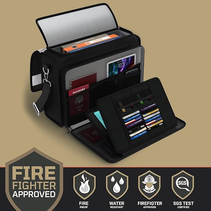 FIRESHIELD PRO Fireproof Document Bag – Portable Briefcase with Shoulder Strap, Tablet, Laptop & Card Organizer – Water Resistant, Multi-Pocket Storage for Travel, Home or Office – 17" x 12.5" x 7.2"