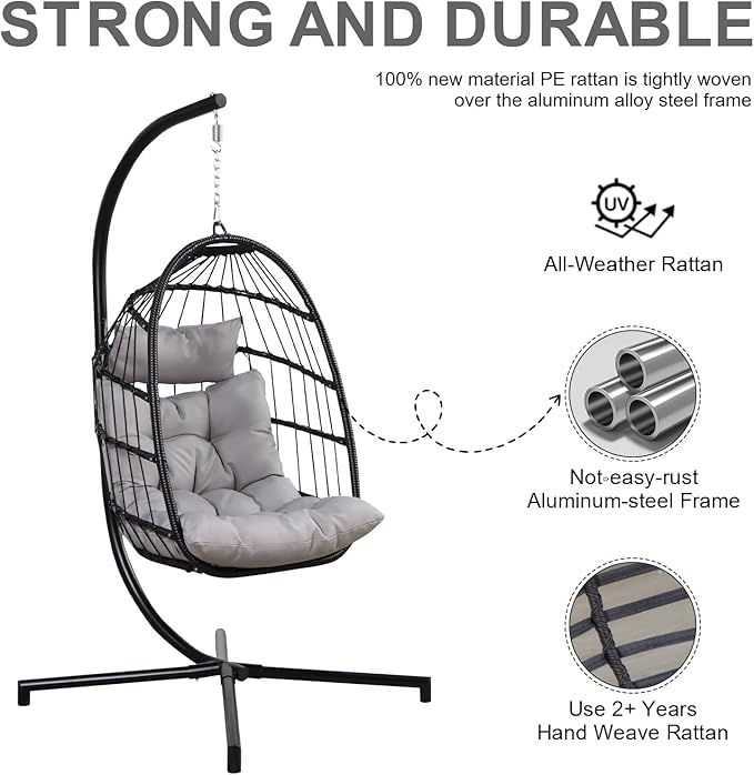 PRIVATE GARDEN Indoor Outdoor Hanging Egg Chair Wicker Hammock Swing Chairs UV Resistant Cushion Folding Aluminum Basket Frame for Bedroom Balcony Patio 330lbs Capacity